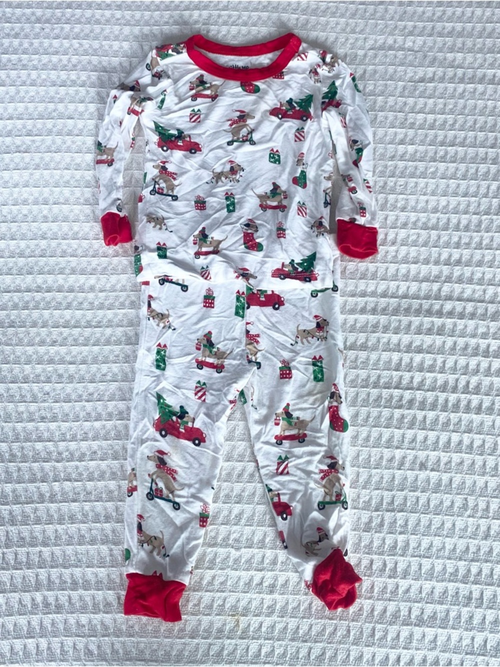 Little Me White Holiday Dog Print Pajamas with Red Trim 12M